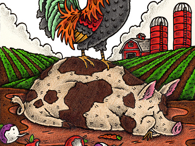 Pig And Rooster editorial farm illustration mixed media pig rooster