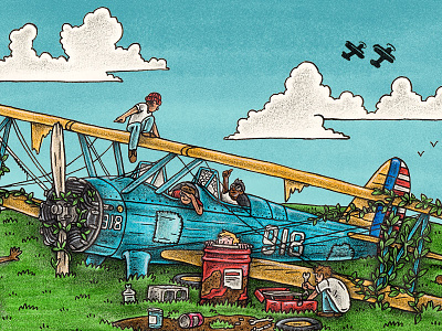 Taking Off airplane aviation biplane editorial flight illustration kids mixed media