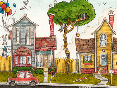 "Go Play Outside" balloons car editorial fort house illustration kids mixed media neighborhood tree