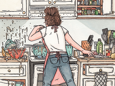 Dinner cooking editorial food illustration kitchen pen and ink watercolor