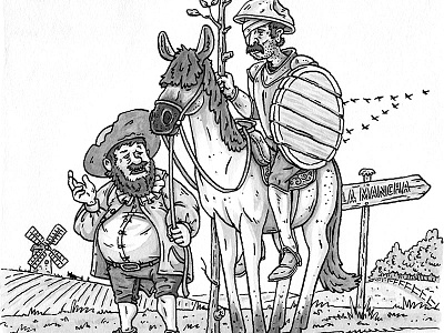 Don Quixote black and white editorial illustration pen and ink watercolor