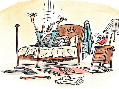 Stuck In Bed alarm bed editorial illustration sleep watercolor