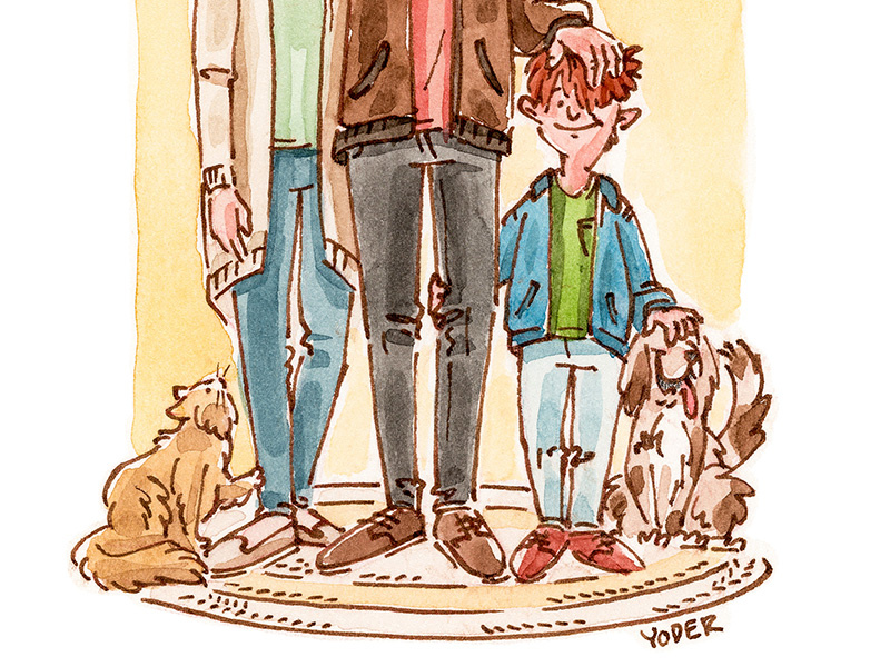 Family traditional illustration color cat dog boy kids people pen and ink watercolor editorial mixed media illustration
