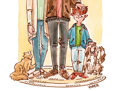 Family boy cat color dog editorial illustration kids mixed media pen and ink people traditional illustration watercolor