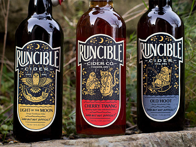 Runcible Cider badge beverage bottle branding cat cider hand lettering label lettering logo owl packaging
