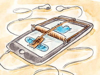 Twitter Trap culture editorial illustration mixed media pencil phone social media trap twitter watercolor