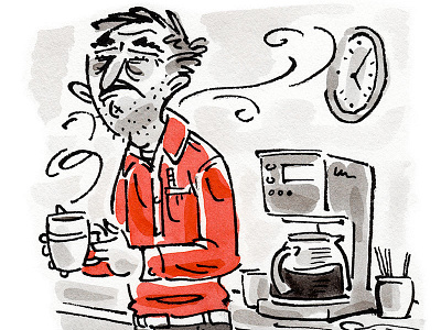 Coffee coffee editorial illustration ink man mixed media morning mug office space tired wash
