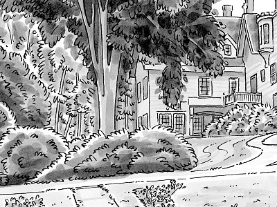 Gardens black and white house illustration mixed media pen and ink plants trees watercolor yard
