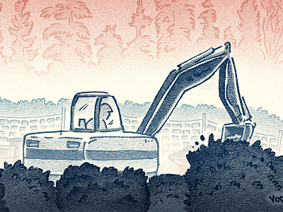 Bulldozer digital editorial illustration pen and ink pencil trees work