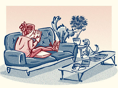 Reading animals cat couch dog editorial illustration reading woman