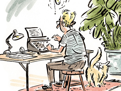 Typewriter brush and ink cat desk editorial illustration man office person watercolor workspace