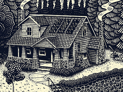 House engraving home house illustration nature outdoors scratchboard solar woodcut yard