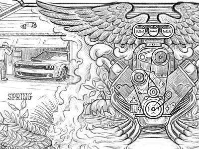 Engine auto automotive car engine illustratie illustration pencil process rough sketch wings wip work in progress