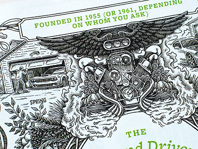 Car and Driver automotive car decorative editorial embellishment engine engraving floral hand drawn handmade illustration motor ornament ornate pen and ink wings