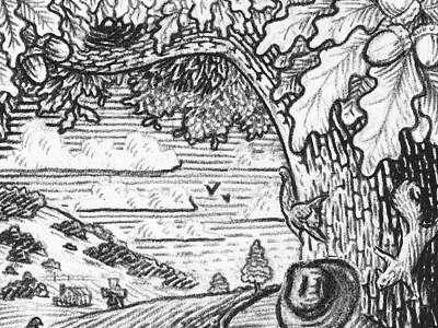 Sketch agriculture engraving farm illustration landscape nature oak pen and ink pencil sketch squirrel tree wip