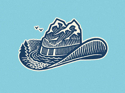 Cowboyland engraving etching hat illustration illustration art landscape mountains river wood engraving