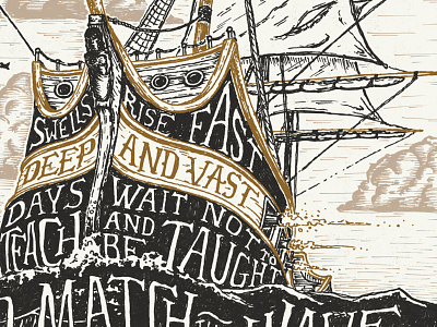 New Stuff illustration ocean pen and ink pirate ship typography vessel waves