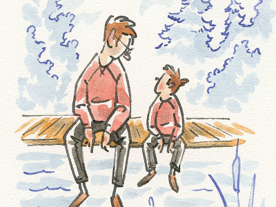 Kids boy editorial father gesture man nature outdoors pen and ink people person son watercolor
