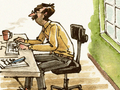 Workspace chair desk editorial man office pen and ink watercolor work