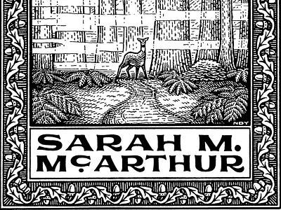 Sarah Ex Libris black and white boarder bookplate deer engraving hand lettering landscape leaves lettering nature pattern pen and ink wildlife