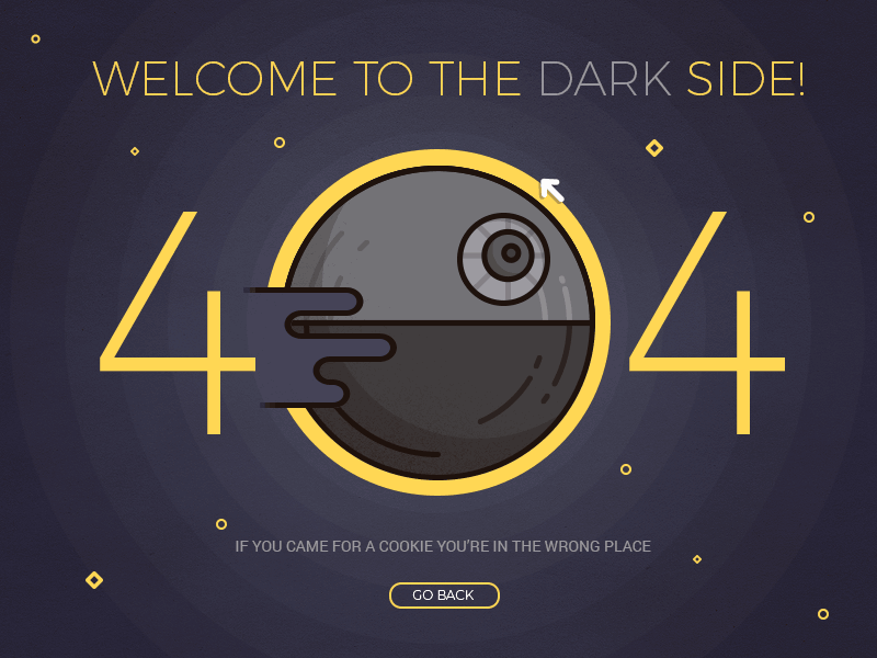 Page d'erreur 404, nommée : Dark Side found par Cátia Ferreira publiée sur Dribbble.
Visuel : étoile noire du film Star Wars en guise de 0.