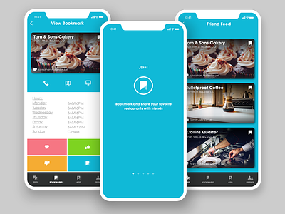 JIFFI - Food + Drink Social Sharing App app blue flat design iphonex mobile sketch ui design ux design vector
