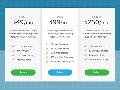 MaxCentive Pricing Cards adobe xd front end development ui web design