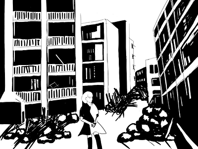 Ruins in Tokyo. abandoned asia city flat girl graphic design house illustration japan japanese monochrome oriental ruins tokyo