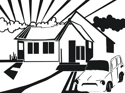 Abandoned house and old car. black and white car graphic design graphics hill house illustration monochrome old house photoshop sunset village