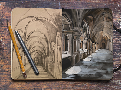 Monastery in Sketchbook castle church digitalpainting drawing graphic design illustration monastery painting religion sketch