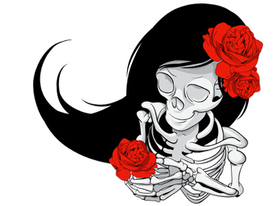 Dead black hair bones dead death drawing illustration illustrator red red rose rib cage roses skeleton skull vector woman