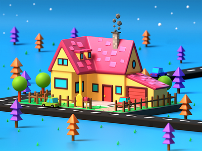 Simple House 3d 3d art blender blue car cycles design dreamland fantasy house illustration isometric lowpoly pink road smoke tree yellow