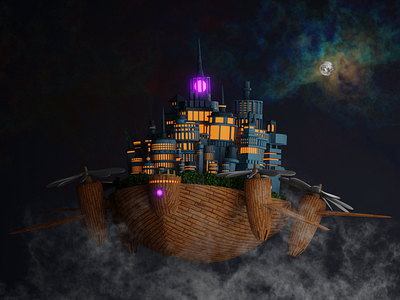 Airship City 3d 3d art airship blender city cycles design fly futuristic illustration isometric light lowpoly magic night realistic ship sky space tree
