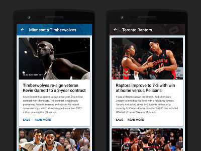 NBA on Android app application article cards design mobile nba text typography