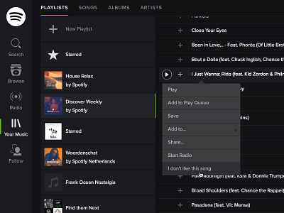 Spotify - I don't like this song audio discover weekly dislike feedback like music player spotify ui user experience ux