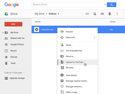 Upload video from Drive to YouTube cloud context context menu drive dropdown google google drive interface storage ui upload youtube