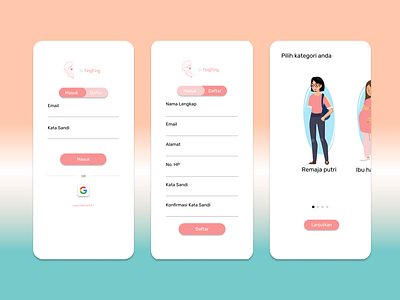 Login, Register and select category app graphic design logo ui ux women