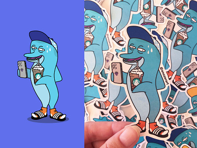 Custom sticker design art character custom design digital dolphin fella graphic design productdesign sticker stickerlover vector