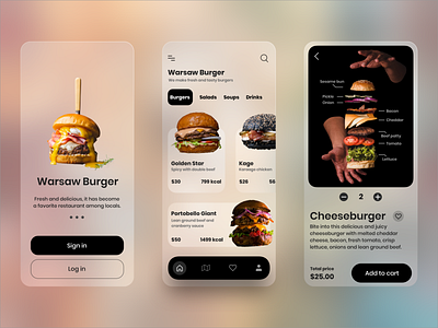 Restaurant App Concept app app design burger clean concept daily ui dailyuichallenge design food food app frosted glass glass effect glassmorphism restaurant ui ux