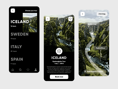 Travel App UI app app design augmentedreality booking clean concept daily ui dailyuichallenge design iceland minimalist tour tourism travel travel app ui ui design