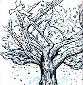 T-shirt design Ink bird blue line drawing illo illustration ink tree