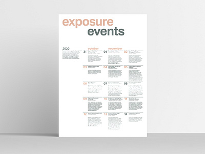 Exposure Exhibition 2020, Events Calendar calendar design design editorial soft colours sophisticated typography