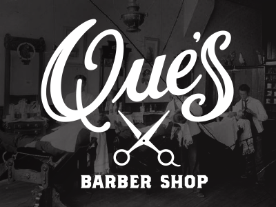 Que's Barber Shop barber custom cut hair scissors shop type typography