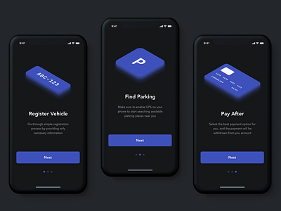 parkly app onboarding app car illustration ios isometric mobile night mode onboarding parking payment ui user interface ux