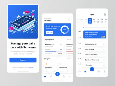 Schwann - Mobile App Exploration daily task design flutter flutter app mobile mobile app prodctivity app productivity productivity ui project management task task management task manager to do app to do list ui uidesign uiux