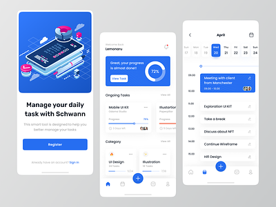 Schwann - Mobile App Exploration daily task design flutter flutter app mobile mobile app prodctivity app productivity productivity ui project management task task management task manager to do app to do list ui uidesign uiux