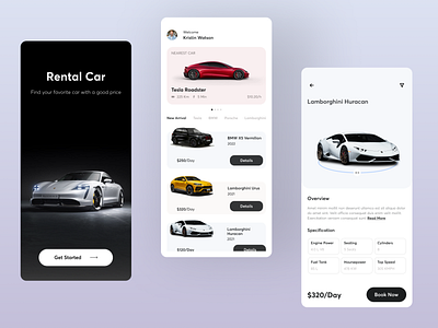 Rental Car Mobile App 360 view 3d view branding car car app car application design car book car book now car rental car specification huracan illustration lamborghini moisture nearest car rental car book tesla tesla roadster top speed ui