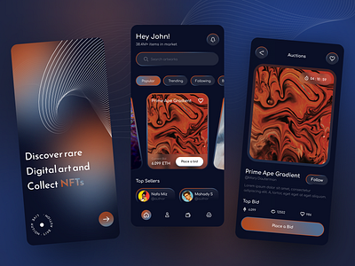 NFT Auction Mobile App Exploration app design auction app blockchain buysell cleanapp crypto cryptocurrency dark mode decentralized defi ethereum futuristic hologram inspiration investing ios mobile nft app startup uiux