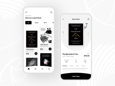 Book Shop App animation app app design black and white book book cover branding clean ebook ecommerce icons illustration library app marketplace mobile app mobile app design reading app shop top ui ux design typography