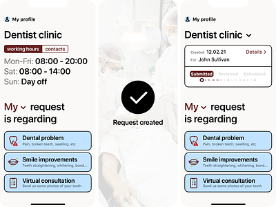 Dentist appointment and consultation app app appointment clinic consultation dental dentist doctor figma mobile product design query request smile teeth ui